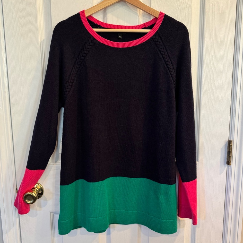Talbots Color Blocked Wool-Blend Sweater Women’s Size L Cable Detail Tunic Navy